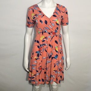 Cherrie Salmon Faux Wrap Dress Birds & Leaves Sz M